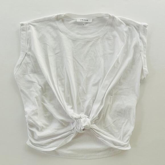 FRAME Knotted Rolled Tee Cotton Cap Sleeve T-Shirt White Size Small Crewneck - Picture 2 of 5